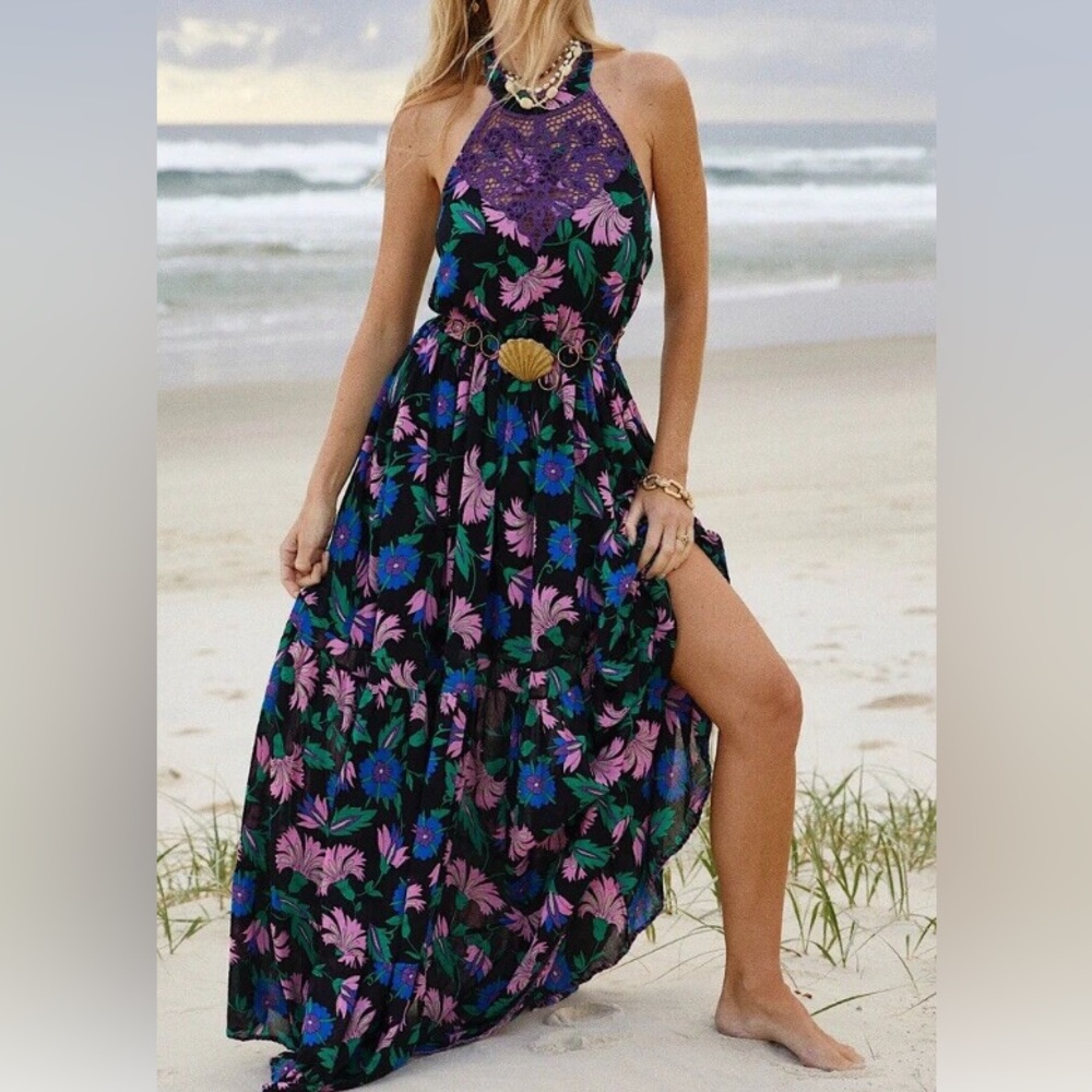 Chasing Unicorns Early Morning Rain Halter Maxi Dress Sz S